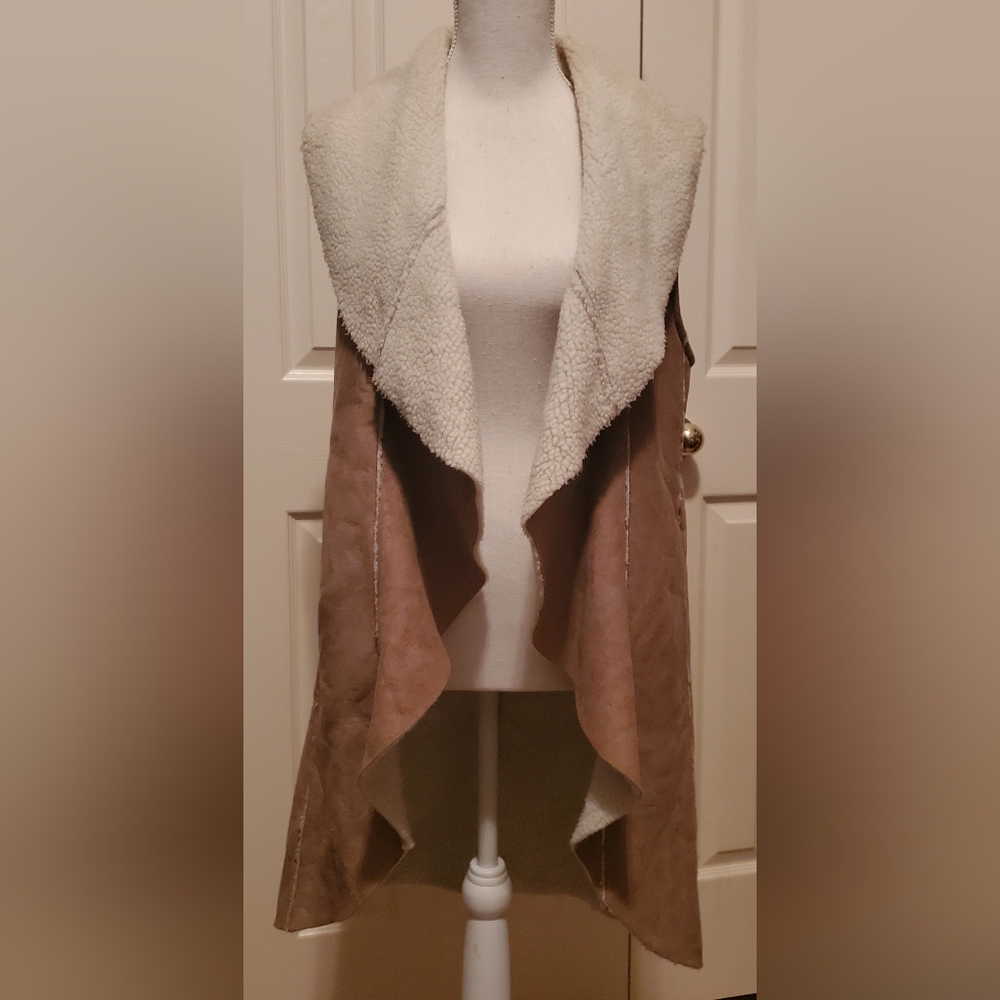 Cherish Faux Suede Long Vest Duster Shearling Draped Penny Lane Boho Fall Size S